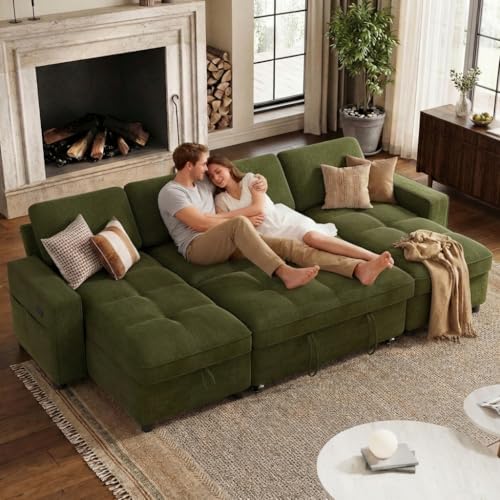 WEUP 81" Modular Sectional Sleeper Sofa Bed, Chenille L-Shaped Couch Bed with Adjustable Backrest, Pull Out Couch with Reversible Chaise Storage, USB Charging & Tool-Free Assembly, Beige