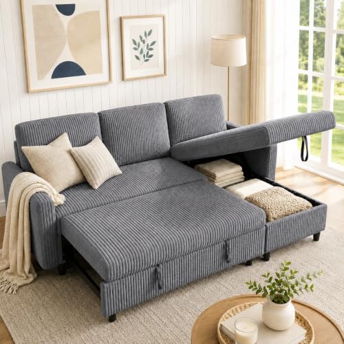Walsunny 77 Inch Sectional Sleeper Sofa with Pull Out Bed, Modern L-Shaped Corduroy Convertible Couch with Storage Chaise, Reversible Sofa Bed for Small Spaces, Apartment, Black