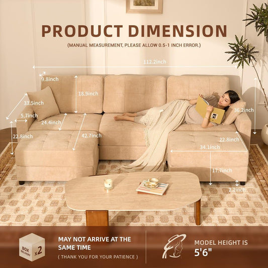 112" U Shaped Modular Cloud Sectional Couch, Waffle Fabric, Oatmeal Beige