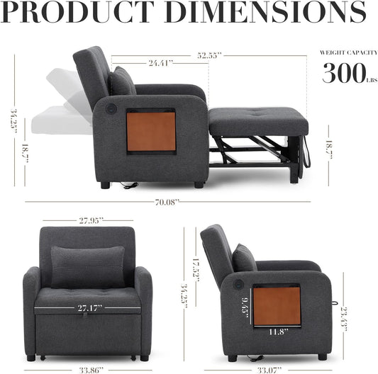 MALOL Convertible Chair-Fabric Sofa Bed, Single Sleeper Sofa, Dark Grey