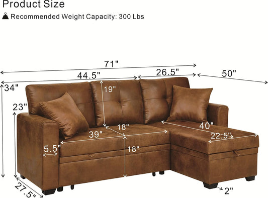L-Shaped Pull Out Sofa Bed with Storage, 3-Seater Reversible Chaise Sleeper Couch for Small Spaces & Living Room