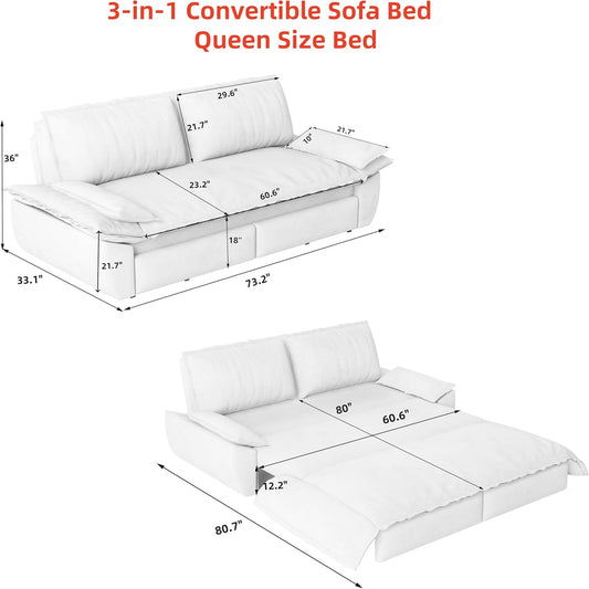 KEIKI 73.2" Queen Convertible Sofa Bed, 3-in-1 Pull-Out Futon Couch with Chaise Lounge Comfort, Soft Velvet Cloud Loveseat for Home Theater, Gaming Lounge, Entertainment Room & Living Space Seating