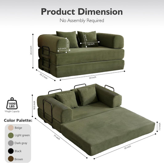 59in Boneless Couch Convertible Futon Sofa Bed Queen for Small Space