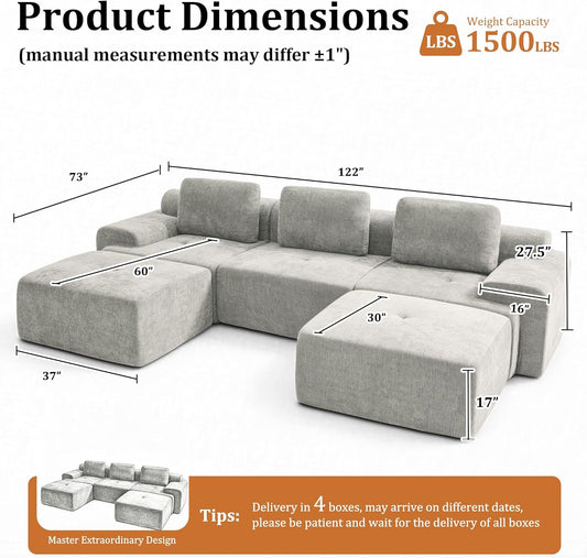 122" U Shaped Oversized Cloud Couch, Comfort Boneless Sectional Couches for Living Room, Modular Sofa High Back & Extra Deep Seat, No Assembly, Soft Chenille(Light Grey, 122 inch-U shaped(3+2))