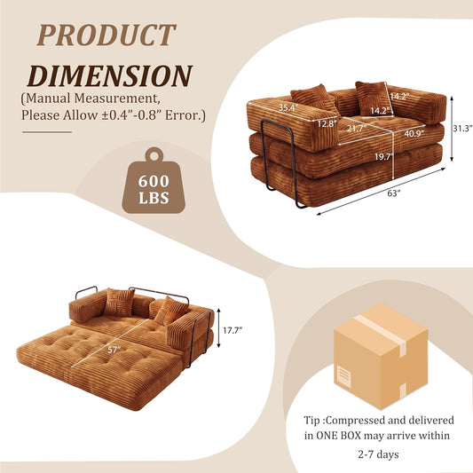 Sunny Heart 63" Boneless Convertible Sofa Bed, 5-in-1 Cloud Couch with Memory Foam, Corduroy, No Assembly Required, 700 lbs Capacity for Living Room, Bedroom & Apartment, Orange
