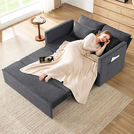 86” Extended Convertible Sofa Bed, Loveseat Sleep Sofa with USB Ports, Pull Out Couch with 6-Position Adjustable Backrest, Corduroy Couch Bed with Side Pockets for Living Room, Dark Grey