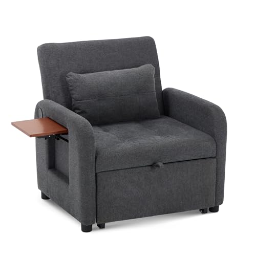 Convertible Sleeper Chair-Fabric Futon Sofa Bed, Single Sleeper Sofa, Small Couch Bed with USB Port, Foldable Table, Pillow, Adjustable Backrest for Dorm/Bedroom/College Darkgrey