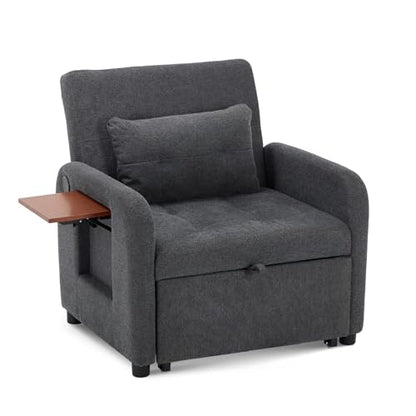 Convertible Sleeper Chair-Fabric Futon Sofa Bed, Single Sleeper Sofa, Small Couch Bed with USB Port, Foldable Table, Pillow, Adjustable Backrest for Dorm/Bedroom/College Darkgrey