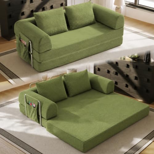 76" Convertible Sofa Bed, Corduroy Boneless Couch with Cup Holders & Pocket