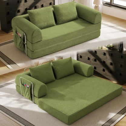 76" Convertible Sofa Bed, Corduroy Boneless Couch with Cup Holders & Pocket