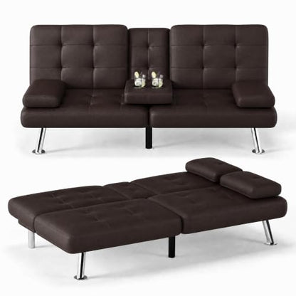 Flamaker Futon Sofa Bed, Black Faux Leather Convertible Loveseat Couch
