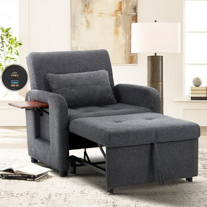 Convertible Sleeper Chair-Fabric Futon Sofa Bed, Single Sleeper Sofa, Small Couch Bed with USB Port, Foldable Table, Pillow, Adjustable Backrest for Dorm/Bedroom/College Darkgrey