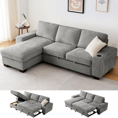 99" Convertible Sleeper Sofa Bed,L Shaped with Storage Chaise Pull Out Couch for Living Room,USB and Type-C,Removable Washable Chenille Covers (Beige)