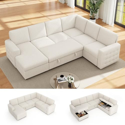 104" Sectional Sleeper Sofa Bed, 7 Seat Pull Out Couch with Storage, Gray