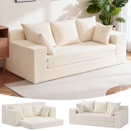 Boneless Couches 70 inch, 3 Seater Boneless Couch with Futon Couch Corduroy Boneless Couch with 5 Pillows, Gray Sofa for Living Room & Bedroom