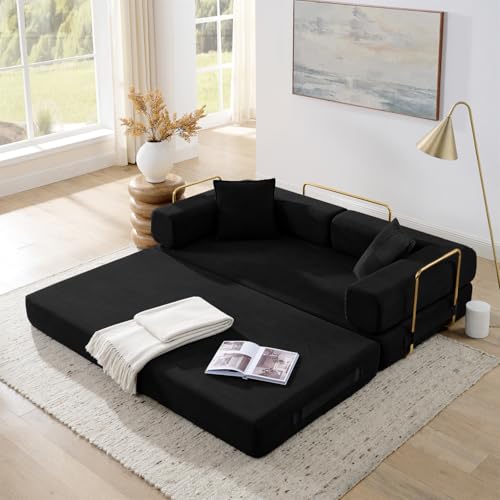 4-in-1 Folding Convertible Sofa Bed, 78 Inch Boneless Couch with Fixed-Shape Frame, Corduroy Loveseat Sleeper with Pull Out Bed, Floor Sofa Modular Futon Couch for Living Room Bedroom Lounge (Beige)