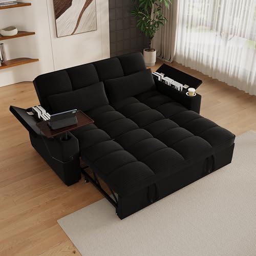 KEIKI 65" 3-in-1 Pull-Out Sofa Bed, Compact Convertible Sleeper Couch with Rotating Side Table, USB Charging Ports, Storage Armrests & Adjustable Comfort for Guests & Small Living Rooms