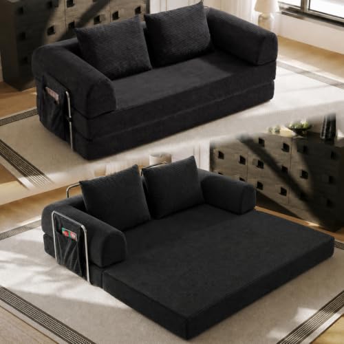 76" Convertible Sofa Bed, Corduroy Boneless Couch with Cup Holders & Pocket