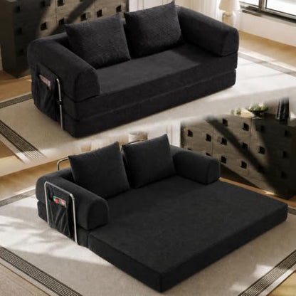 76" Convertible Sofa Bed, Corduroy Boneless Couch with Cup Holders & Pocket