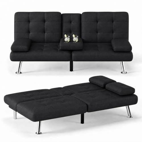 Flamaker Futon Sofa Bed, Black Faux Leather Convertible Loveseat Couch