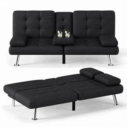 Flamaker Futon Sofa Bed, Black Faux Leather Convertible Loveseat Couch