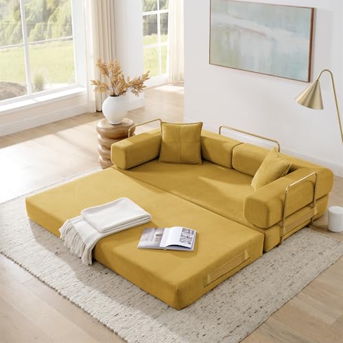 4-in-1 Folding Convertible Sofa Bed, 78 Inch Boneless Couch with Fixed-Shape Frame, Corduroy Loveseat Sleeper with Pull Out Bed, Floor Sofa Modular Futon Couch for Living Room Bedroom Lounge (Beige)