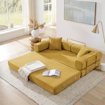4-in-1 Folding Convertible Sofa Bed, 78 Inch Boneless Couch with Fixed-Shape Frame, Corduroy Loveseat Sleeper with Pull Out Bed, Floor Sofa Modular Futon Couch for Living Room Bedroom Lounge (Beige)