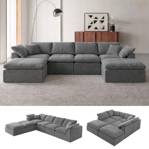 110" Boneless Cloud Couch Sectional for Living Room, Oversized Modular L Shaped Sofa with Ottoman, Deep Seat Chenille Sectional Couch for Cloud-Like Comfort (Pearl White)