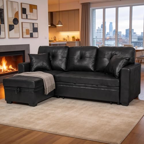 L-Shaped Pull Out Sofa Bed with Storage, 3-Seater Reversible Chaise Sleeper Couch for Small Spaces & Living Room