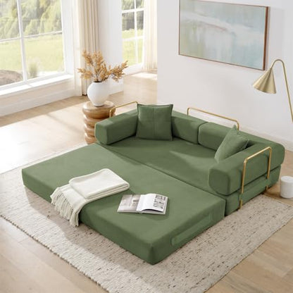 4-in-1 Folding Convertible Sofa Bed, 78 Inch Boneless Couch with Fixed-Shape Frame, Corduroy Loveseat Sleeper with Pull Out Bed, Floor Sofa Modular Futon Couch for Living Room Bedroom Lounge (Beige)