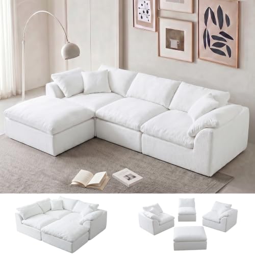 110" Boneless Cloud Couch Sectional for Living Room, Oversized Modular L Shaped Sofa with Ottoman, Deep Seat Chenille Sectional Couch for Cloud-Like Comfort (Pearl White)