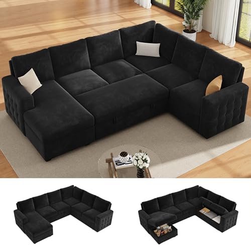 104" Sectional Sleeper Sofa Bed, 7 Seat Pull Out Couch with Storage, Gray