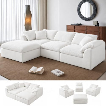 110" Boneless Cloud Couch Sectional for Living Room, Oversized Modular L Shaped Sofa with Ottoman, Deep Seat Chenille Sectional Couch for Cloud-Like Comfort (Pearl White)
