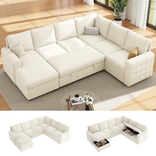 104" Sectional Sleeper Sofa Bed, 7 Seat Pull Out Couch with Storage, Gray