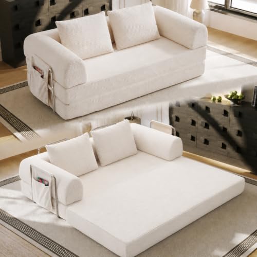76" Convertible Sofa Bed, Corduroy Boneless Couch with Cup Holders & Pocket
