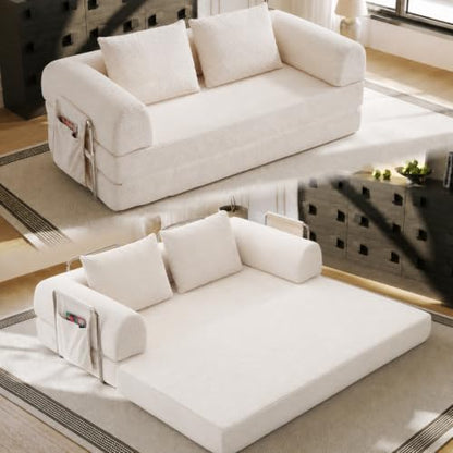 76" Convertible Sofa Bed, Corduroy Boneless Couch with Cup Holders & Pocket