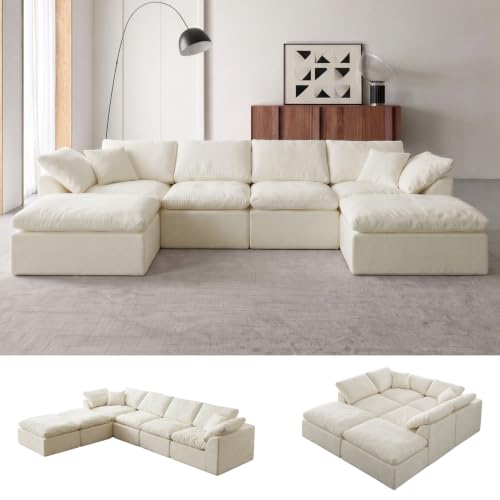 110" Boneless Cloud Couch Sectional for Living Room, Oversized Modular L Shaped Sofa with Ottoman, Deep Seat Chenille Sectional Couch for Cloud-Like Comfort (Pearl White)