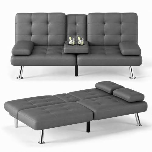 Flamaker Futon Sofa Bed, Black Faux Leather Convertible Loveseat Couch