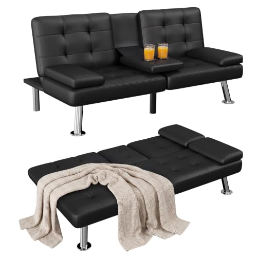 Homall Black Faux Leather Futon Sofa Bed, Loveseat with Adjustable Backrest