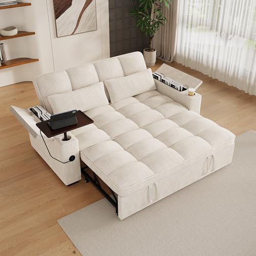 KEIKI 65" 3-in-1 Pull-Out Sofa Bed, Compact Convertible Sleeper Couch with Rotating Side Table, USB Charging Ports, Storage Armrests & Adjustable Comfort for Guests & Small Living Rooms