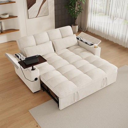 KEIKI 65" 3-in-1 Pull-Out Sofa Bed, Compact Convertible Sleeper Couch with Rotating Side Table, USB Charging Ports, Storage Armrests & Adjustable Comfort for Guests & Small Living Rooms