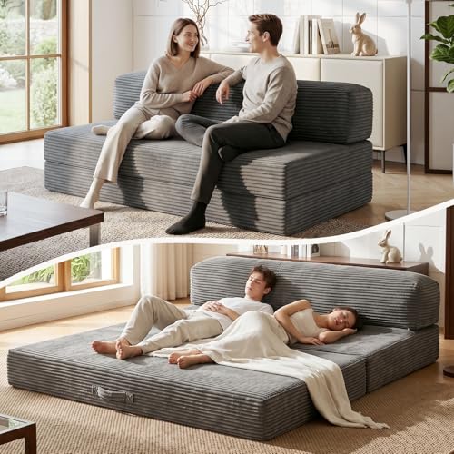 Boneless Couches 70 inch, 3 Seater Boneless Couch with Futon Couch Corduroy Boneless Couch with 5 Pillows, Gray Sofa for Living Room & Bedroom