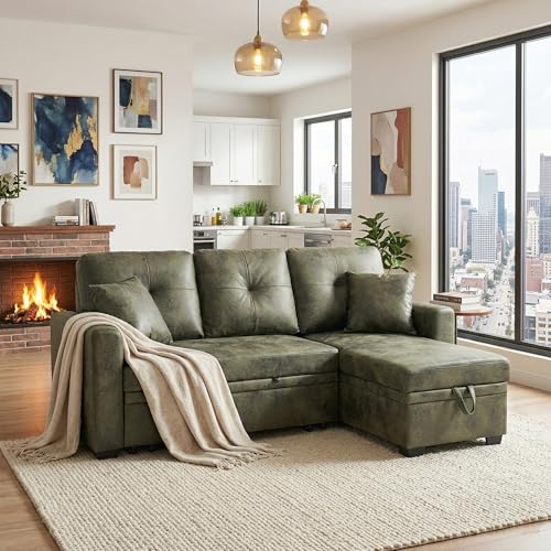 L-Shaped Pull Out Sofa Bed with Storage, 3-Seater Reversible Chaise Sleeper Couch for Small Spaces & Living Room