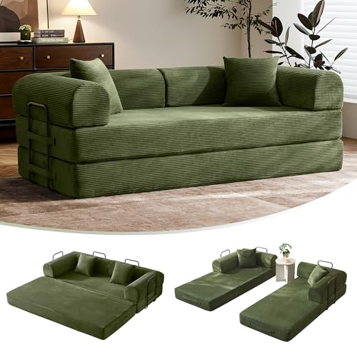 79" Convertible Futon Sofa Bed,Boneless Couch for Living Room | Olive Green