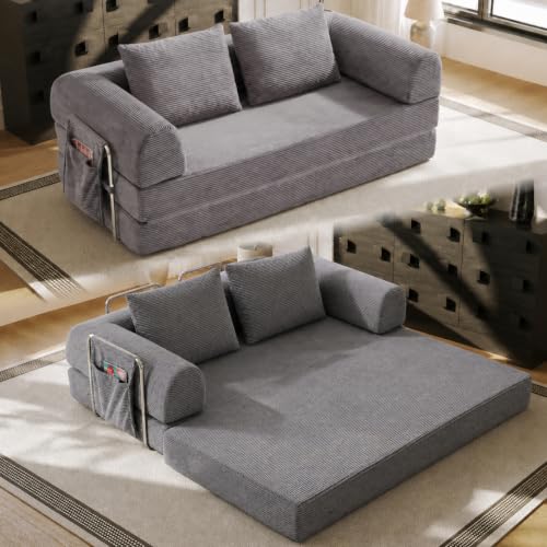 76" Convertible Sofa Bed, Corduroy Boneless Couch with Cup Holders & Pocket