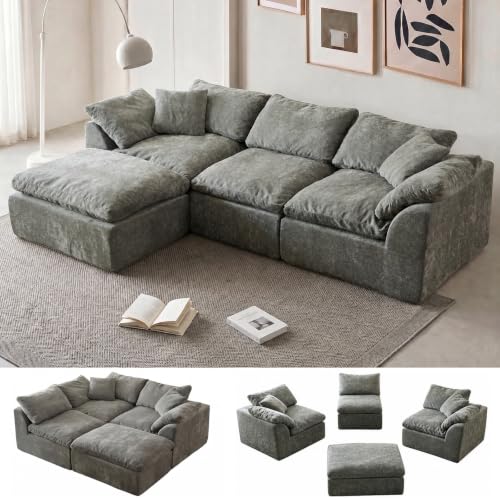 110" Boneless Cloud Couch Sectional for Living Room, Oversized Modular L Shaped Sofa with Ottoman, Deep Seat Chenille Sectional Couch for Cloud-Like Comfort (Pearl White)