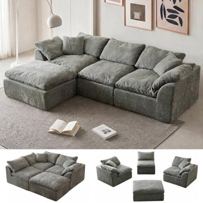 110" Boneless Cloud Couch Sectional for Living Room, Oversized Modular L Shaped Sofa with Ottoman, Deep Seat Chenille Sectional Couch for Cloud-Like Comfort (Pearl White)