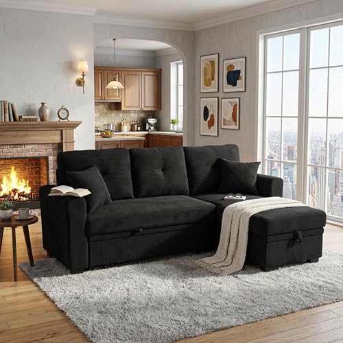 L-Shaped Pull Out Sofa Bed with Storage, 3-Seater Reversible Chaise Sleeper Couch for Small Spaces & Living Room
