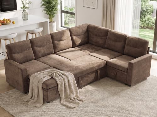 81" Sectional Sleeper Sofa Bed, 5 Seat Pull Out Couch with Storage Beige