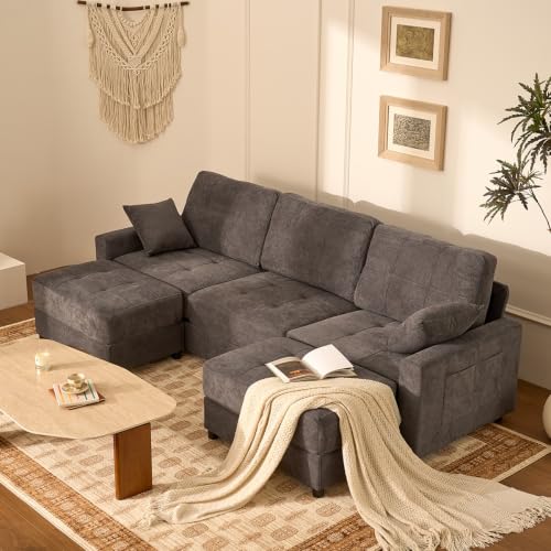 112" U Shaped Modular Cloud Sectional Couch, Waffle Fabric, Oatmeal Beige